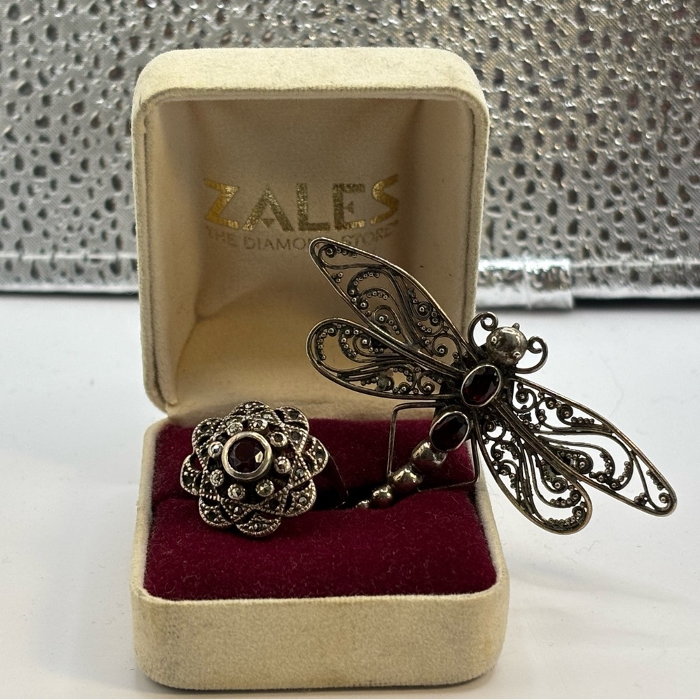 Sterling Silver and Garnet Dragonfly and Flower Ring Set